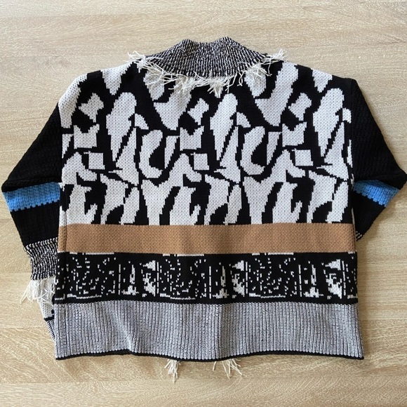 Attitudes by Renee Cardigan Sweater Fringe Black White Funky Whimsical Eclectic - Picture 3 of 9